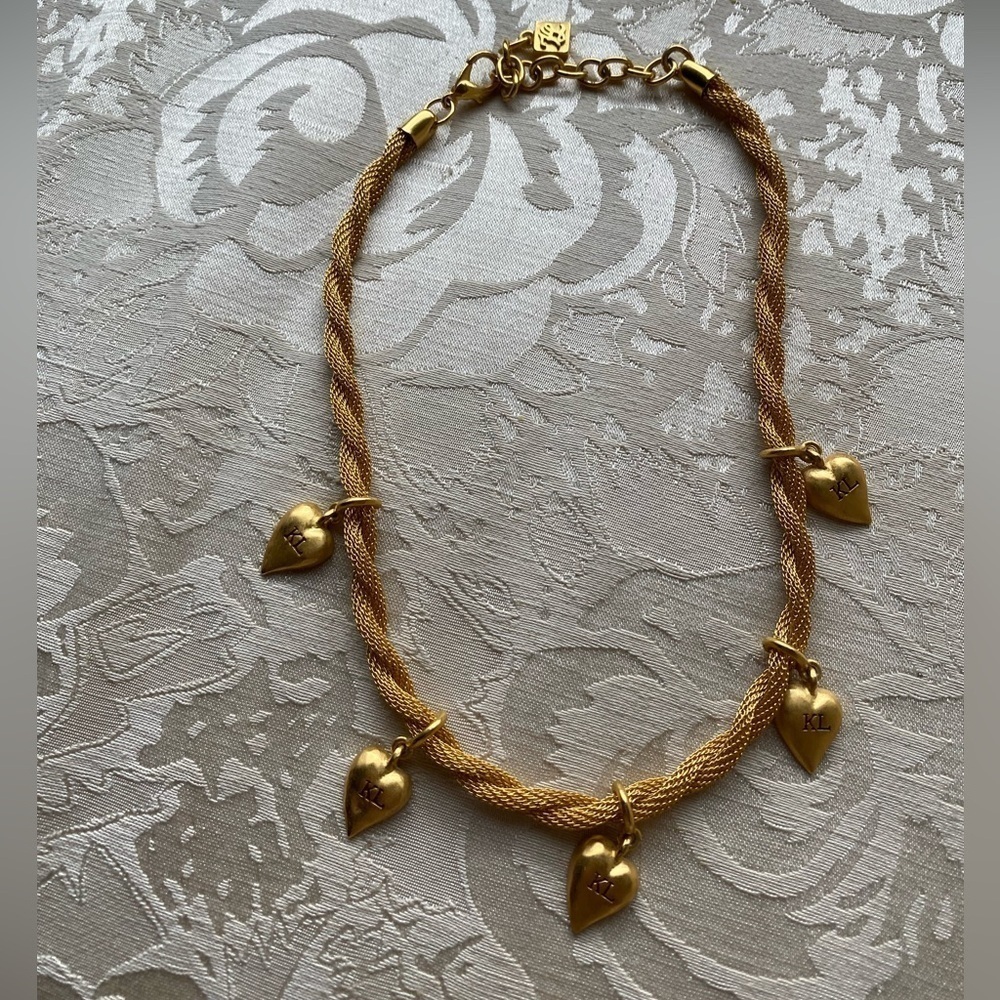 Vintage RARE exquisite Karl Lagerfeld Dangling Heart Charm Necklace SIGNED